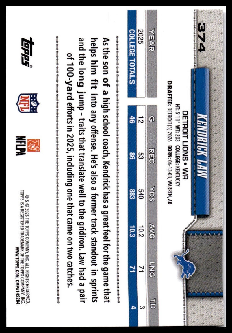 2026 Topps Flagship #374 Kendrick Law Rainbow Foil