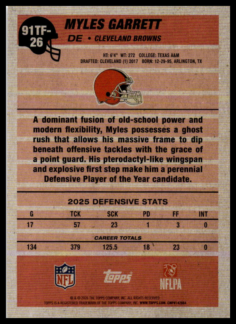 2026 Topps Flagship #91TF-26 Myles Garrett 1991 Topps Football
