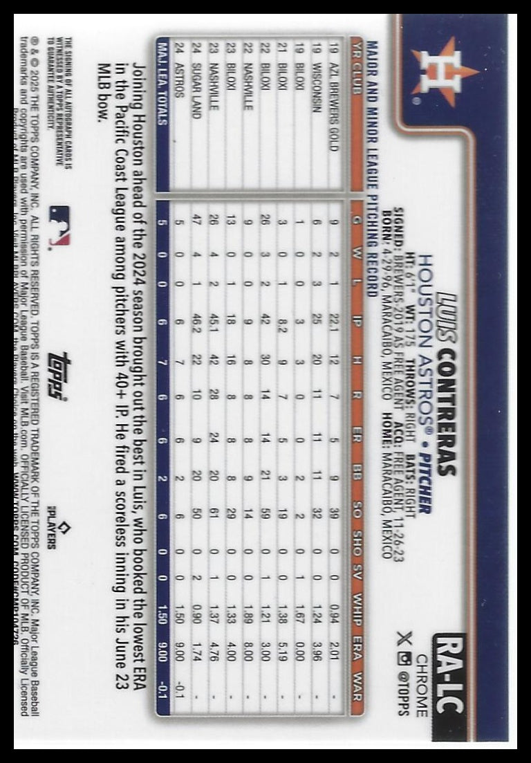 2025 Topps Chrome #RA-LC Luis Contreras Rookie Autographs