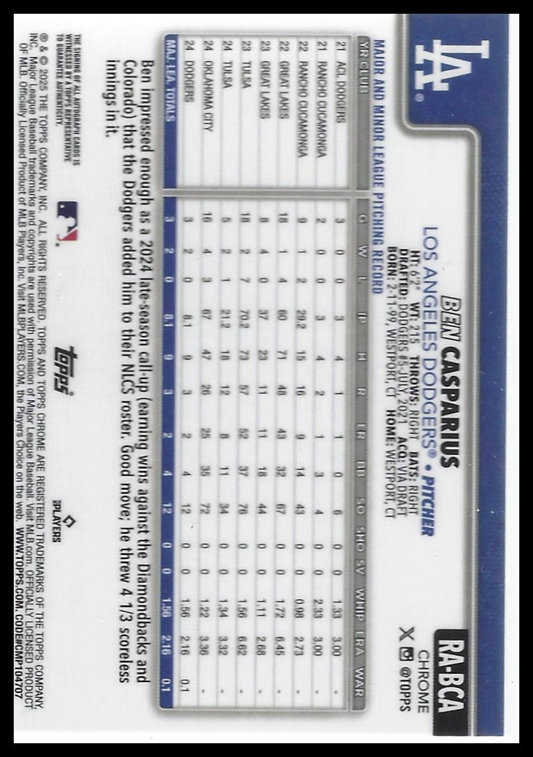 2025 Topps Chrome #RA-BCA Ben Casparius Rookie Autographs