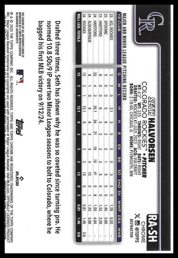 2025 Topps Chrome #RA-SH Seth Halvorsen Rookie Autographs Refractors #/499