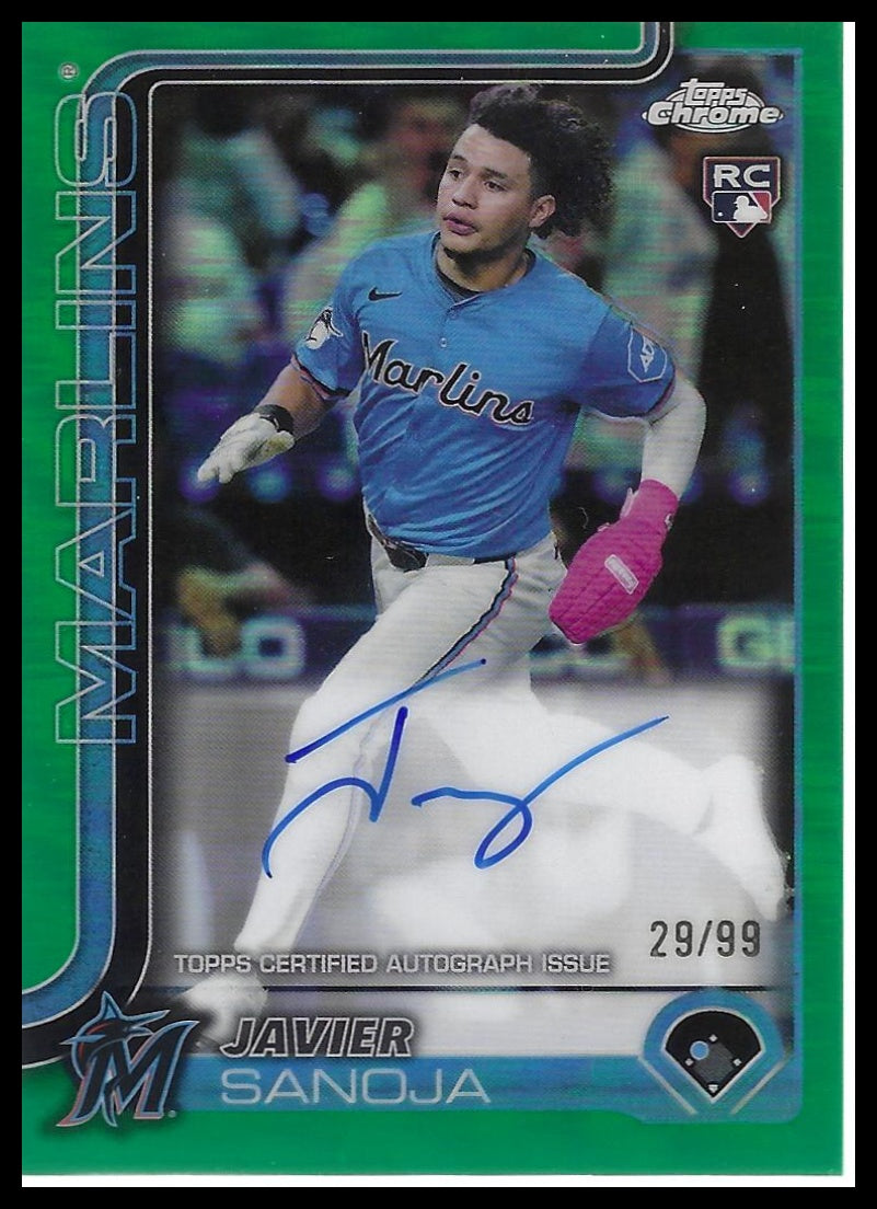 2025 Topps Chrome #RA-JSA Javier Sanoja Rookie Autographs Green Refractors #/99