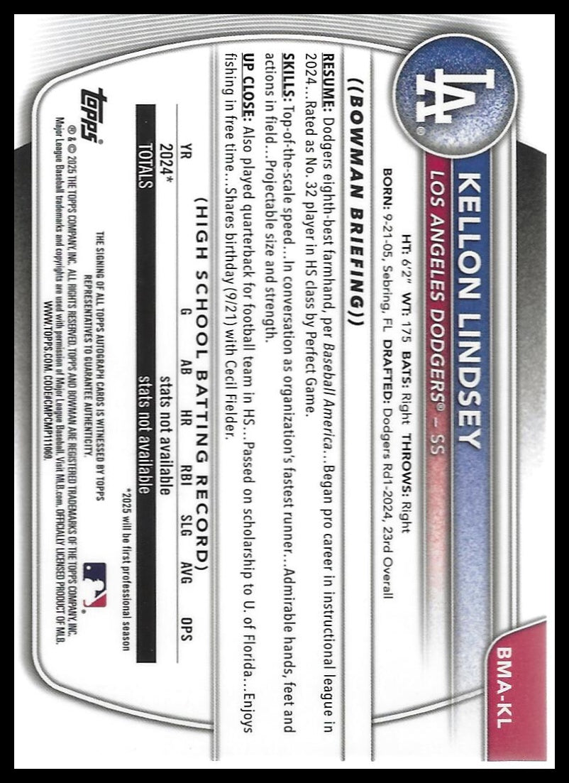 2025 Bowman Chrome #BMA-KL Kellon Lindsey Prospect Autographs Mega Mojo