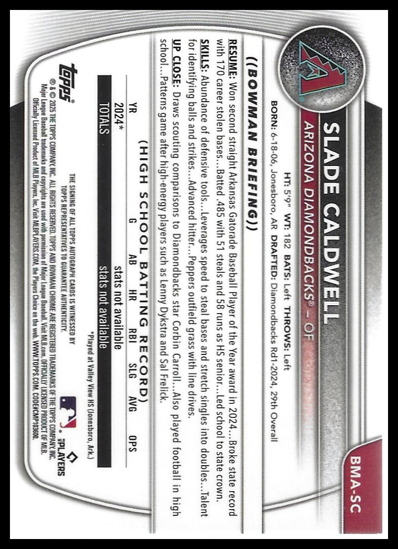 2025 Bowman #BMA-SC Slade Caldwell Chrome Prospect Auto Mojo Purple Ref #/199