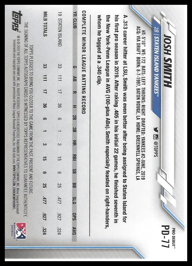 2020 Topps Pro Debut #PD-77 Josh Smith Autographs