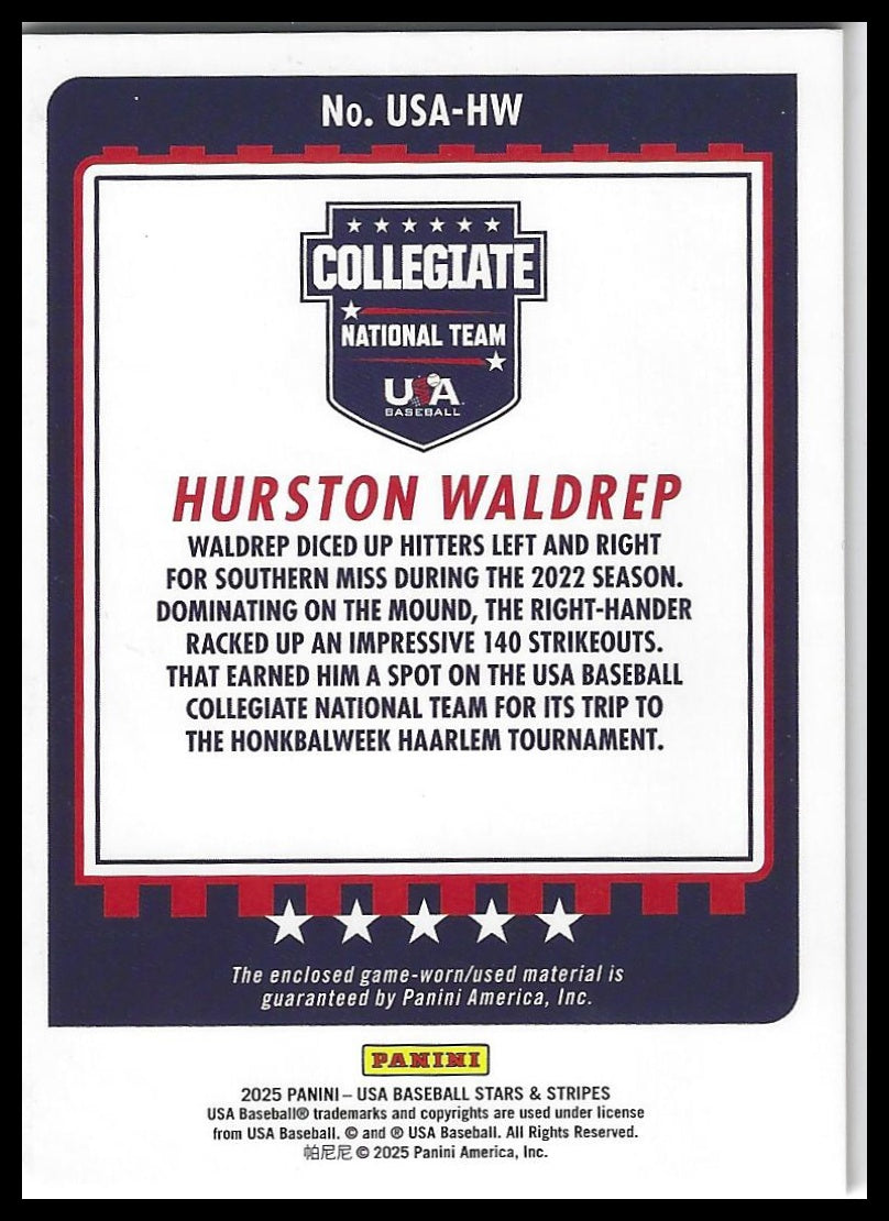 2025 Panini Stars & Stripes USA Baseball #USA-HW Hunter Watson USA Materials