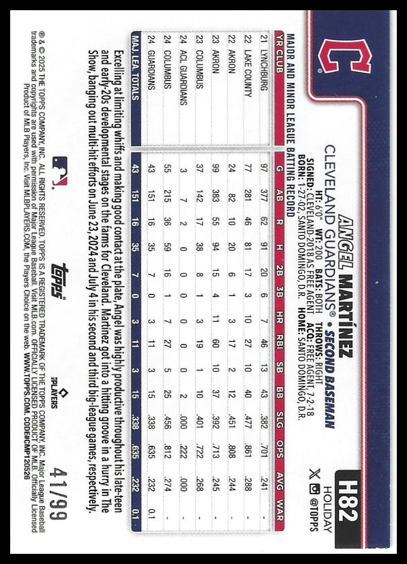2025 Topps Holiday #H82 Angel Martínez Purple Glitter Holiday #/99