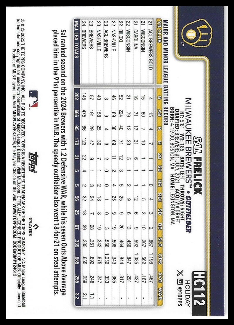 2025 Topps Holiday #HC112 Sal Frelick Chrome #/499