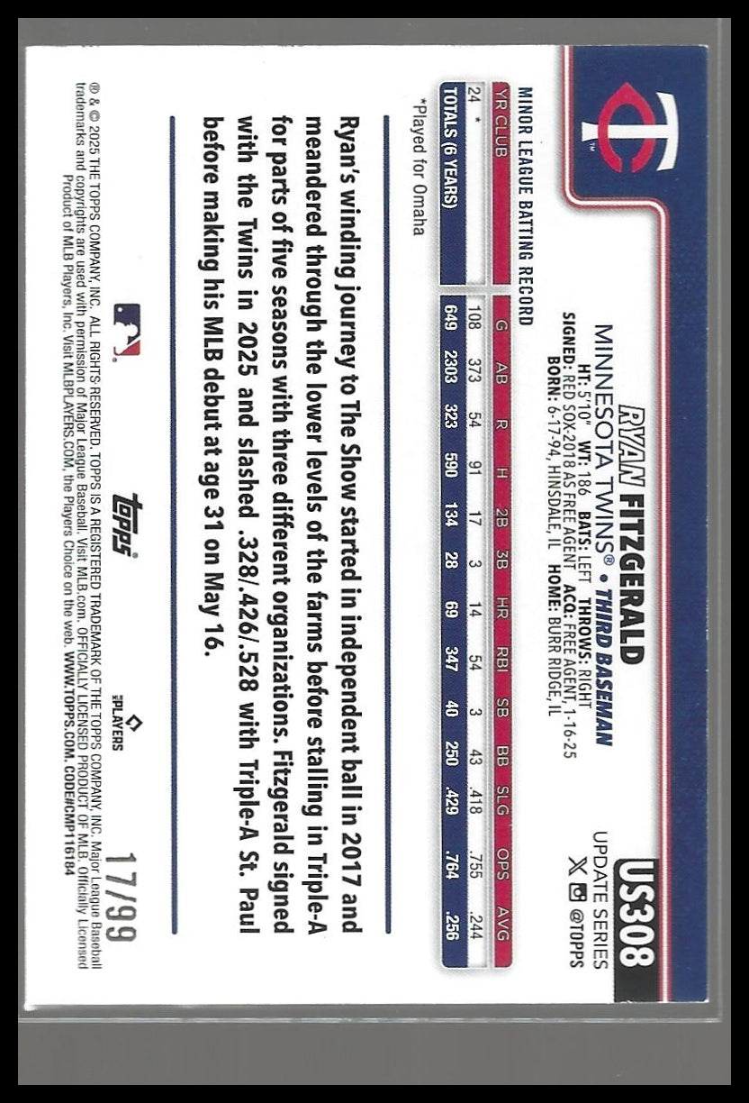 2025 Topps Update #US308 Ryan Fitzgerald Green Rainbow Foil #/99