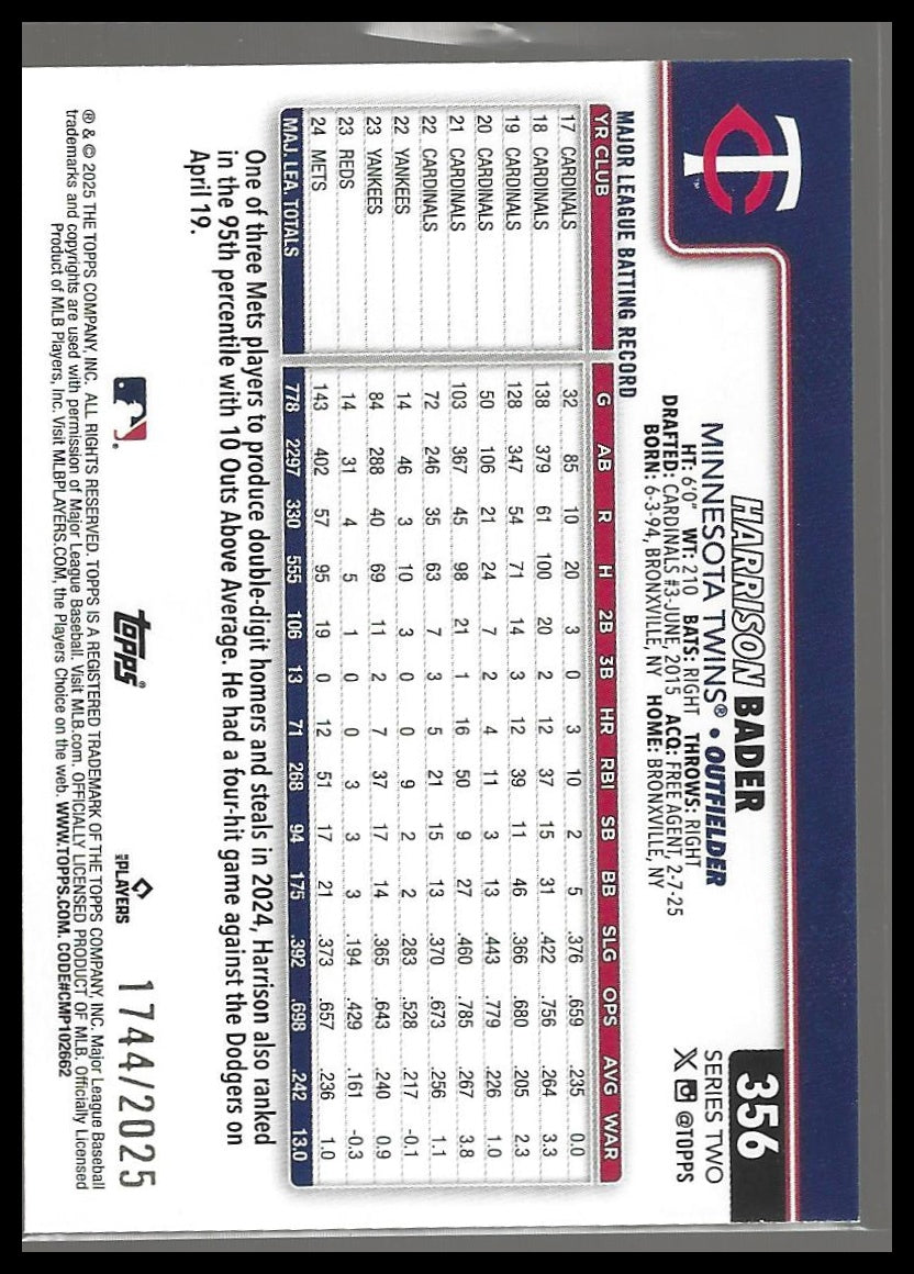 2025 Topps #356 Harrison Bader Gold #/2025