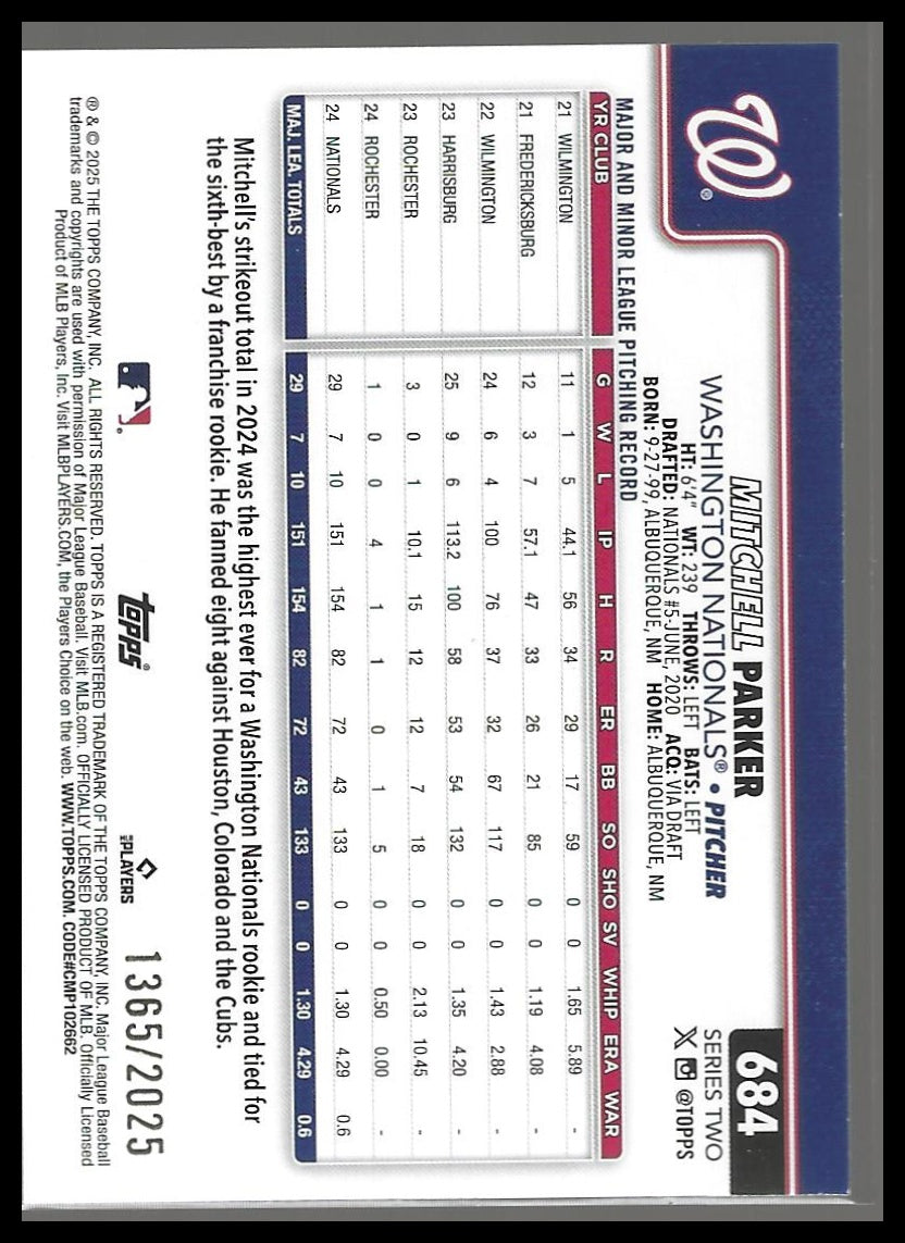 2025 Topps #684 Mitchell Parker Gold #/2025
