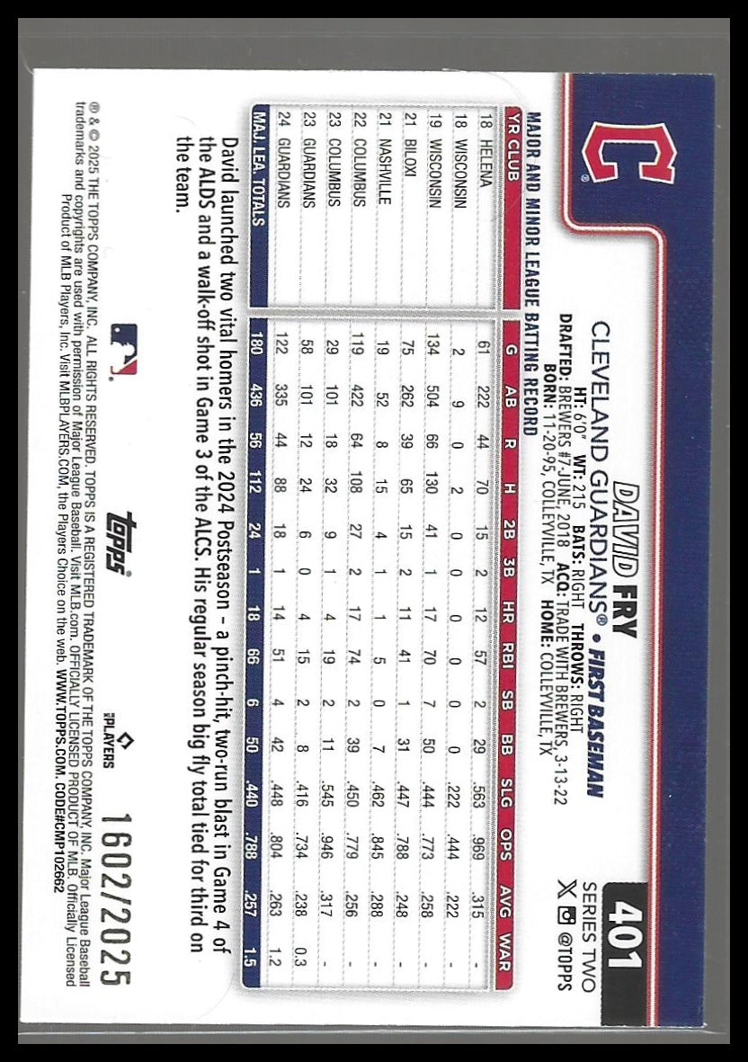2025 Topps #401 David Fry Gold #/2025