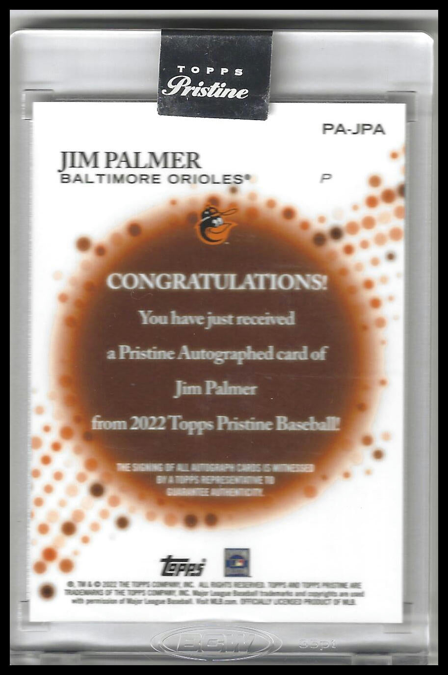 2022 Topps Pristine #PA-JPA Jim Palmer Pristine Autographs