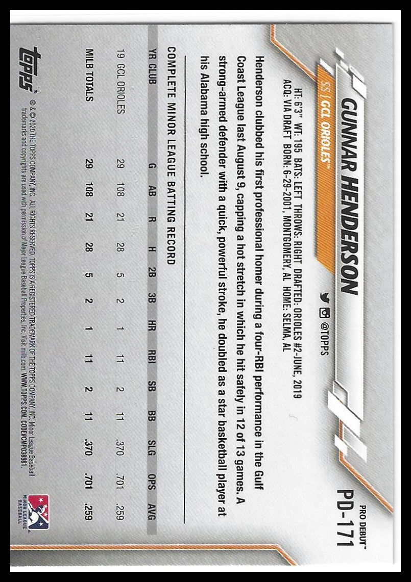 2020 Topps Pro Debut #PD-171 Gunnar Henderson