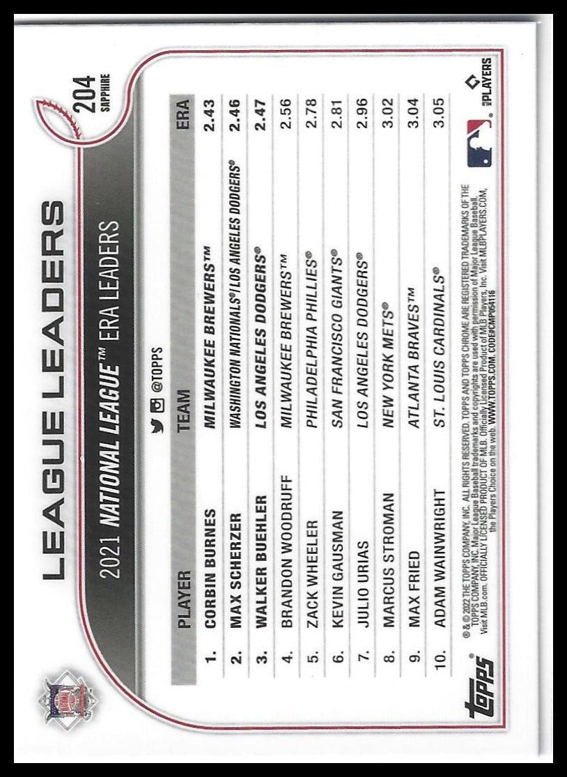 2022 Topps Chrome Sapphire Edition #204 NL ERA Leaders  LL