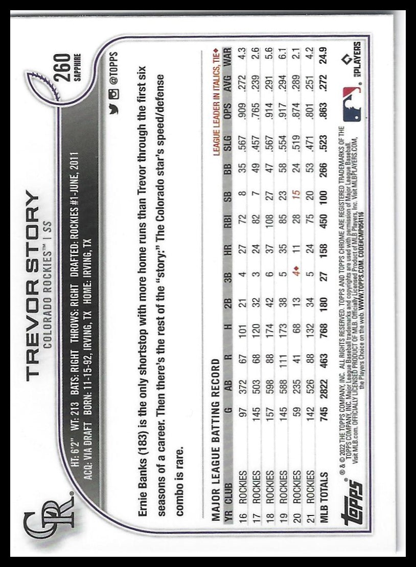 2022 Topps Chrome Sapphire Edition #260 Trevor Story