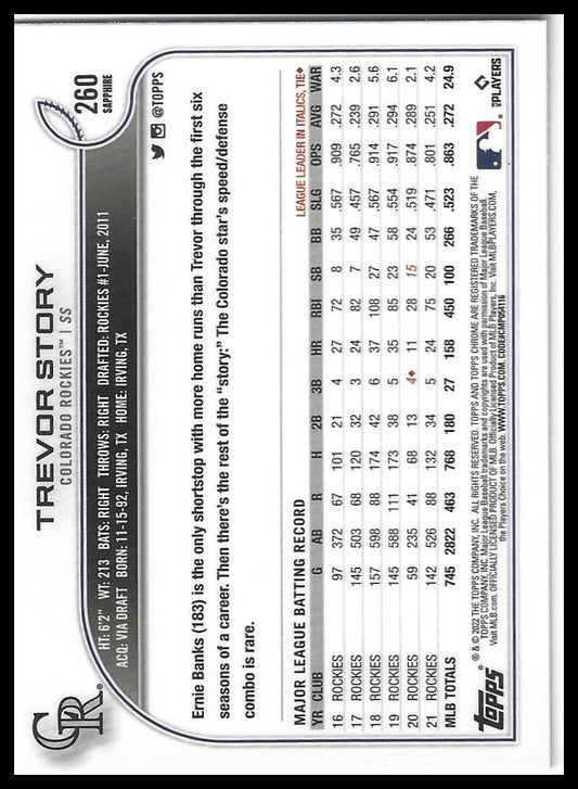 2022 Topps Chrome Sapphire Edition #260 Trevor Story