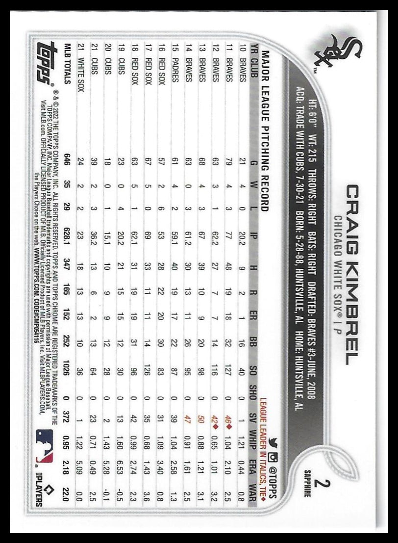 2022 Topps Chrome Sapphire Edition #2 Craig Kimbrel