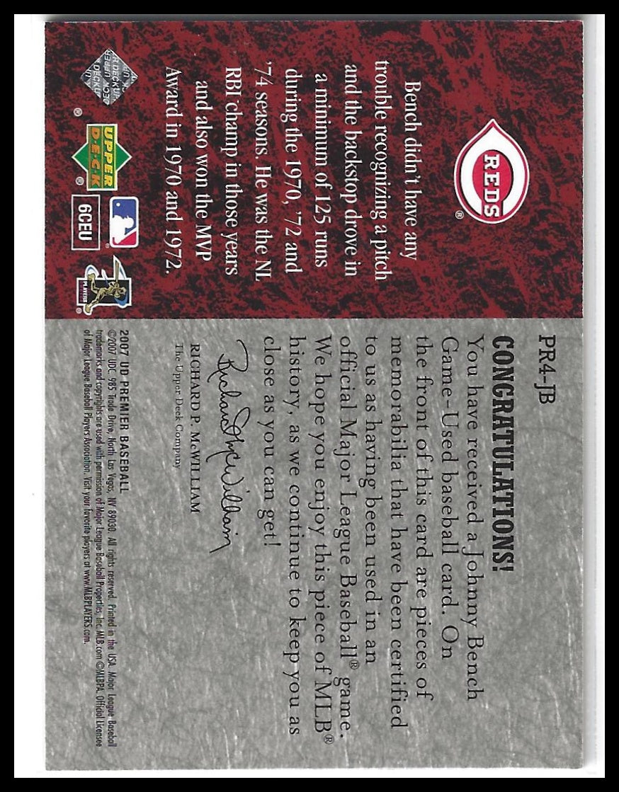 2007 Upper Deck Premier #PR4-JB Johnny Bench Premier Remnants 4 (Quad) #/68
