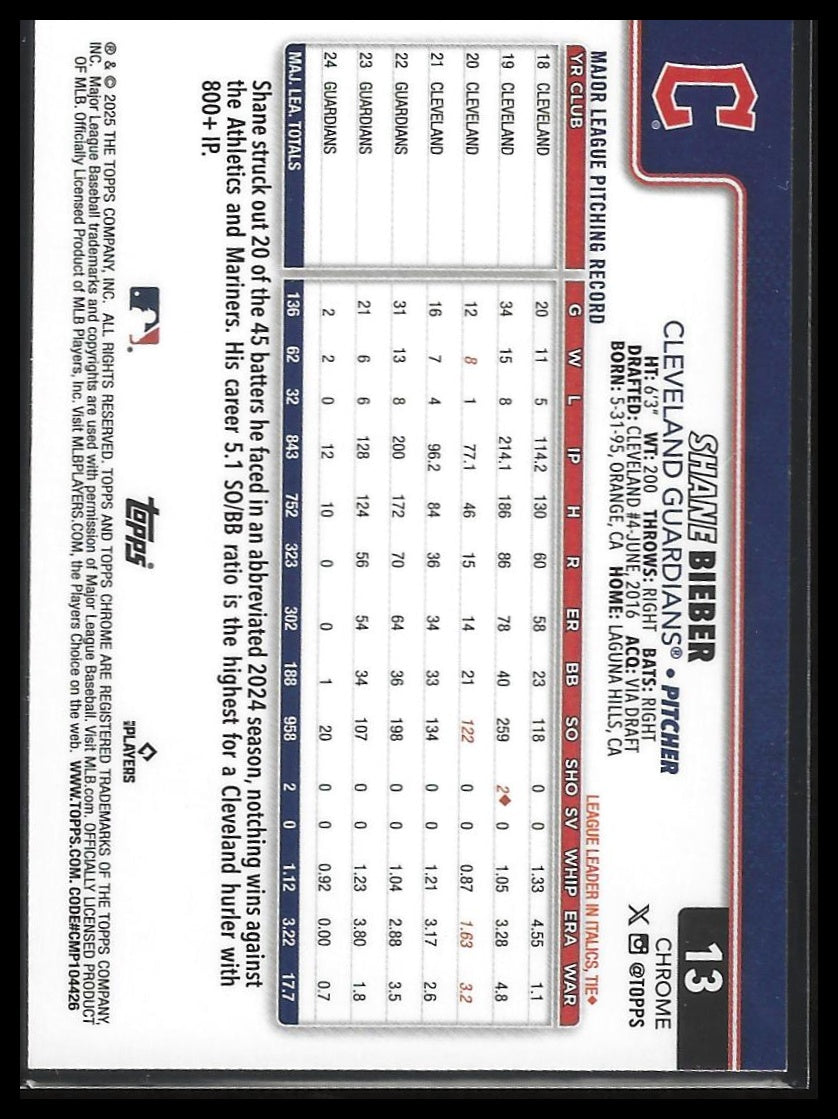 2025 Topps Chrome #13 Shane Bieber Raywave Refractors