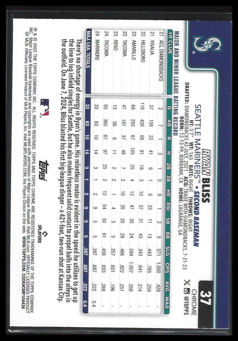 2025 Topps Chrome #37 Ryan Bliss Raywave Refractors
