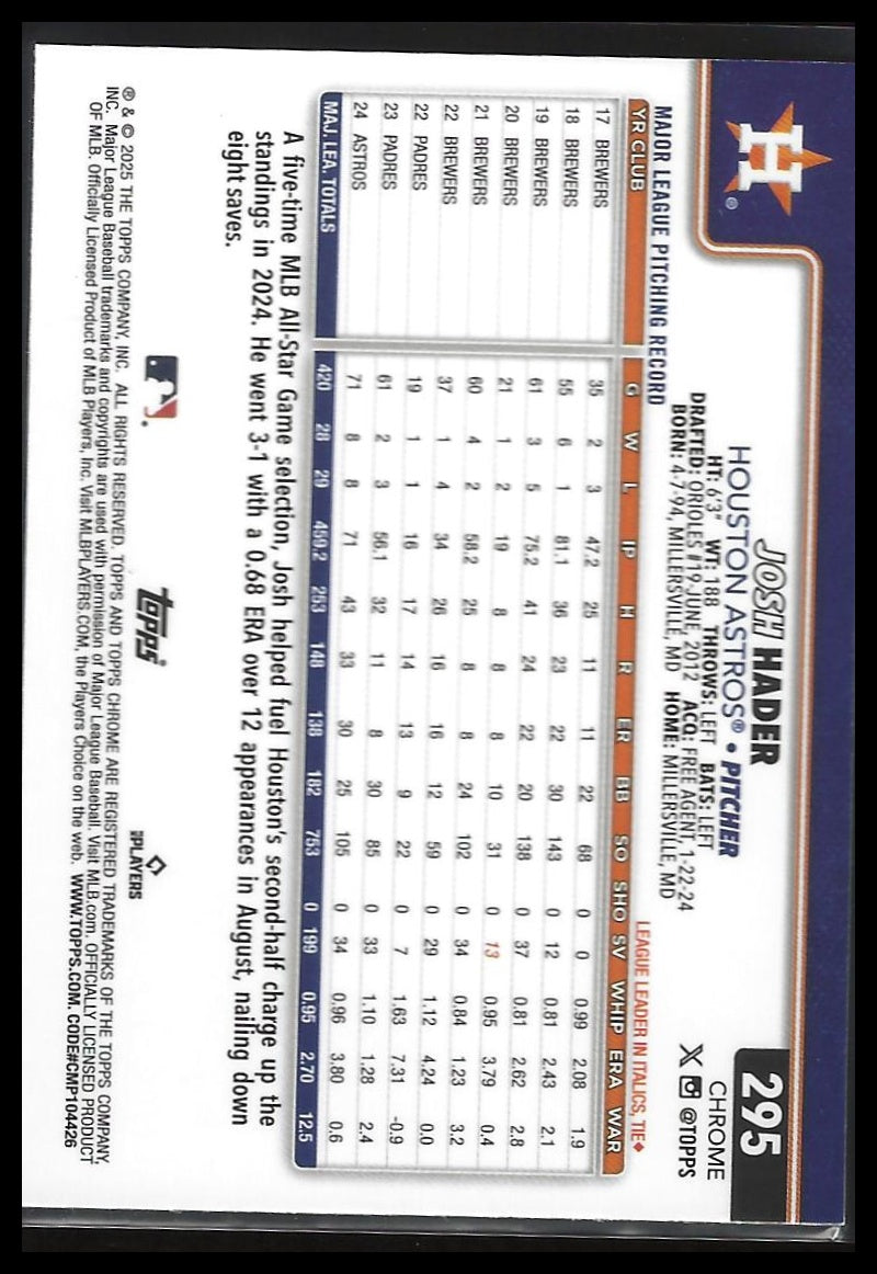 2025 Topps Chrome #295 Josh Hader Raywave Refractors