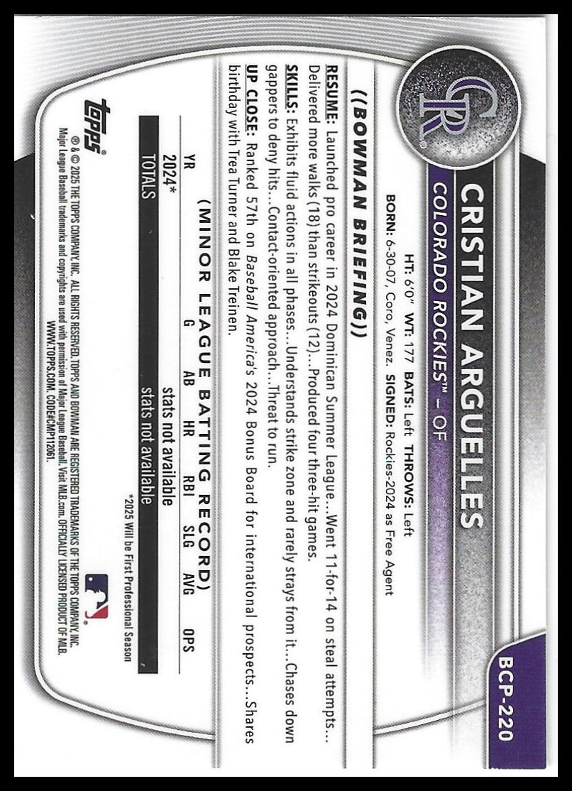2025 Bowman Chrome #BCP-220 Cristian Arguelles Prospects Laser