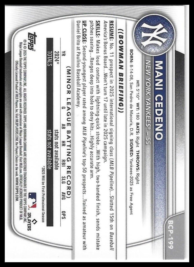 2025 Bowman Chrome #BCP-199 Mani Cedeno Prospects Mojo