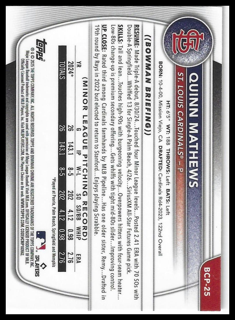 2025 Bowman #BCP-25 Quinn Mathews Chrome Prospects Mojo Refractor