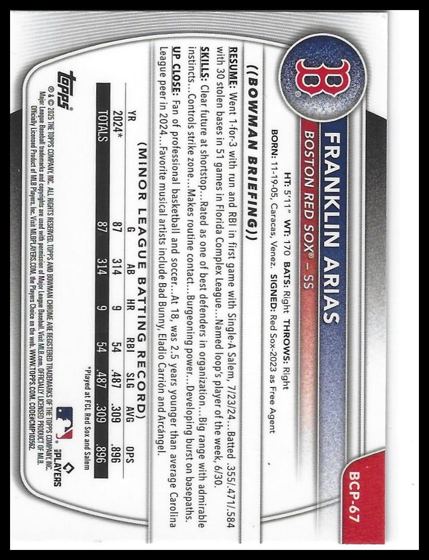2025 Bowman #BCP-67 Franklin Arias Chrome Prospects Mojo Refractor