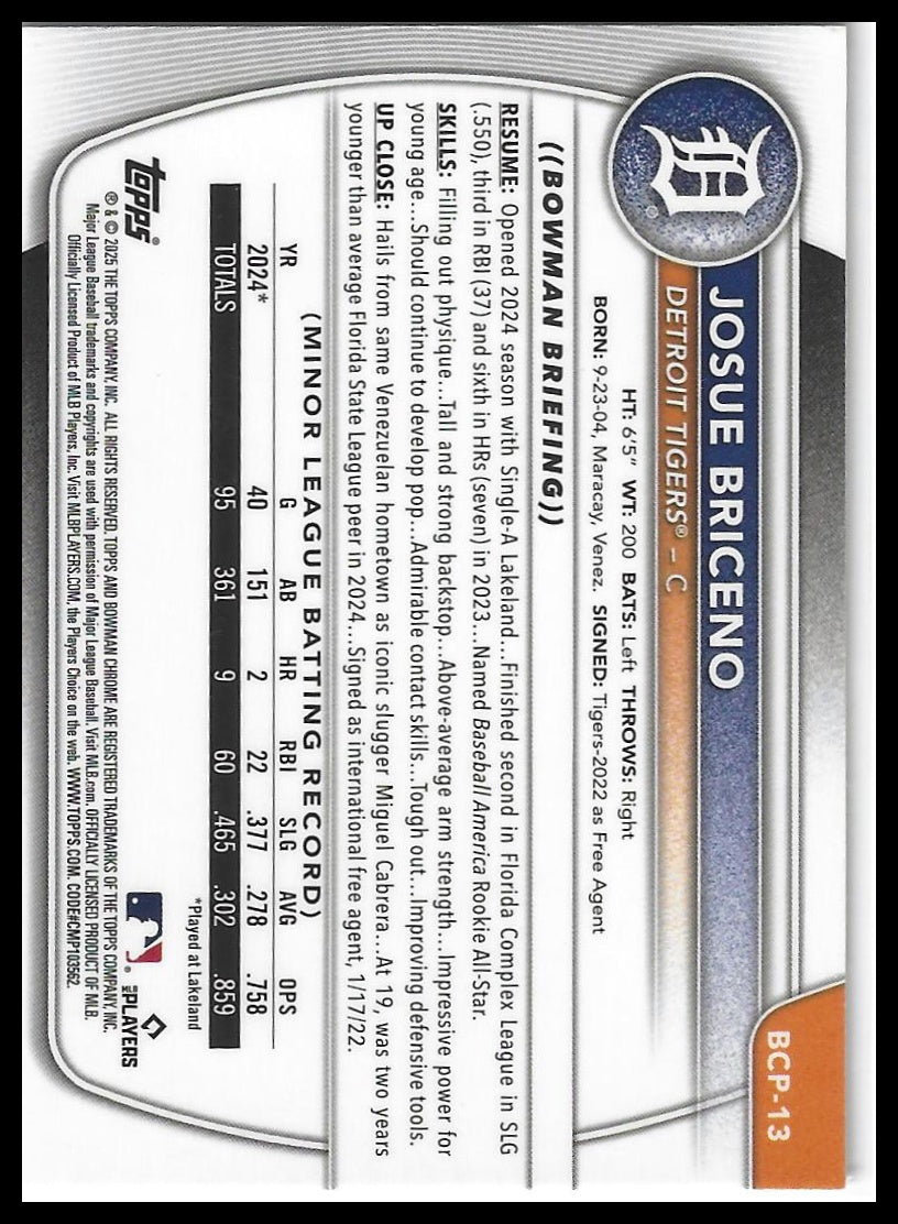2025 Bowman #BCP-13 Josue Briceno Chrome Prospects Mojo Refractor