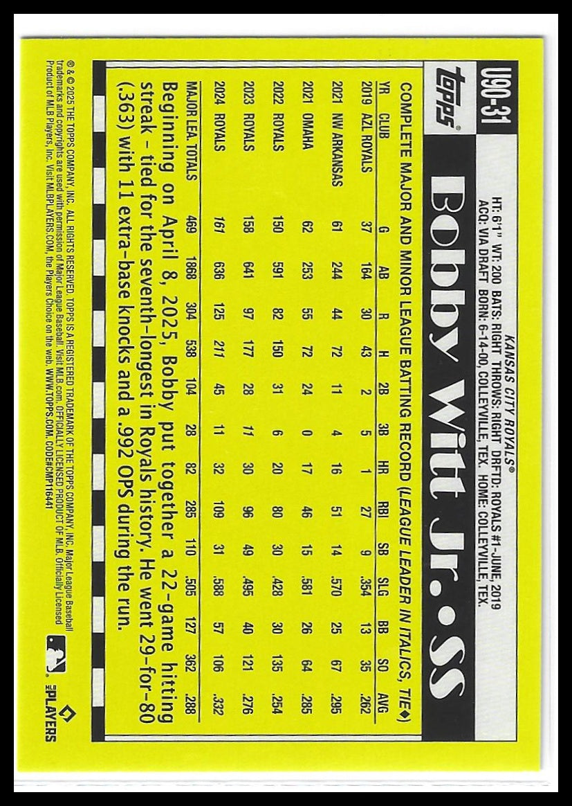 2025 Topps Update #U90-31 Bobby Witt Jr. 1990 Topps Baseball 35th Anniversary