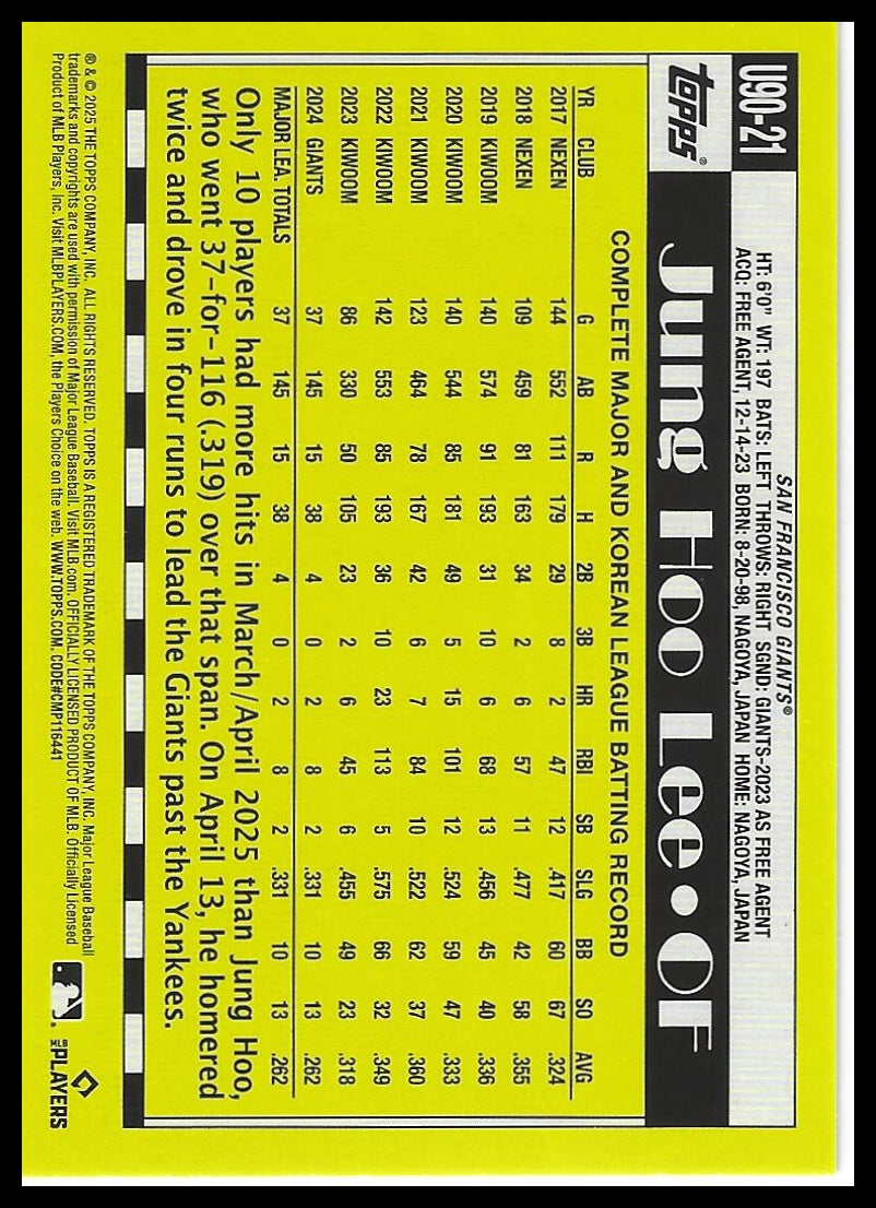 2025 Topps Update #U90-21 Jung Hoo Lee 1990 Topps Baseball 35th Anniversary