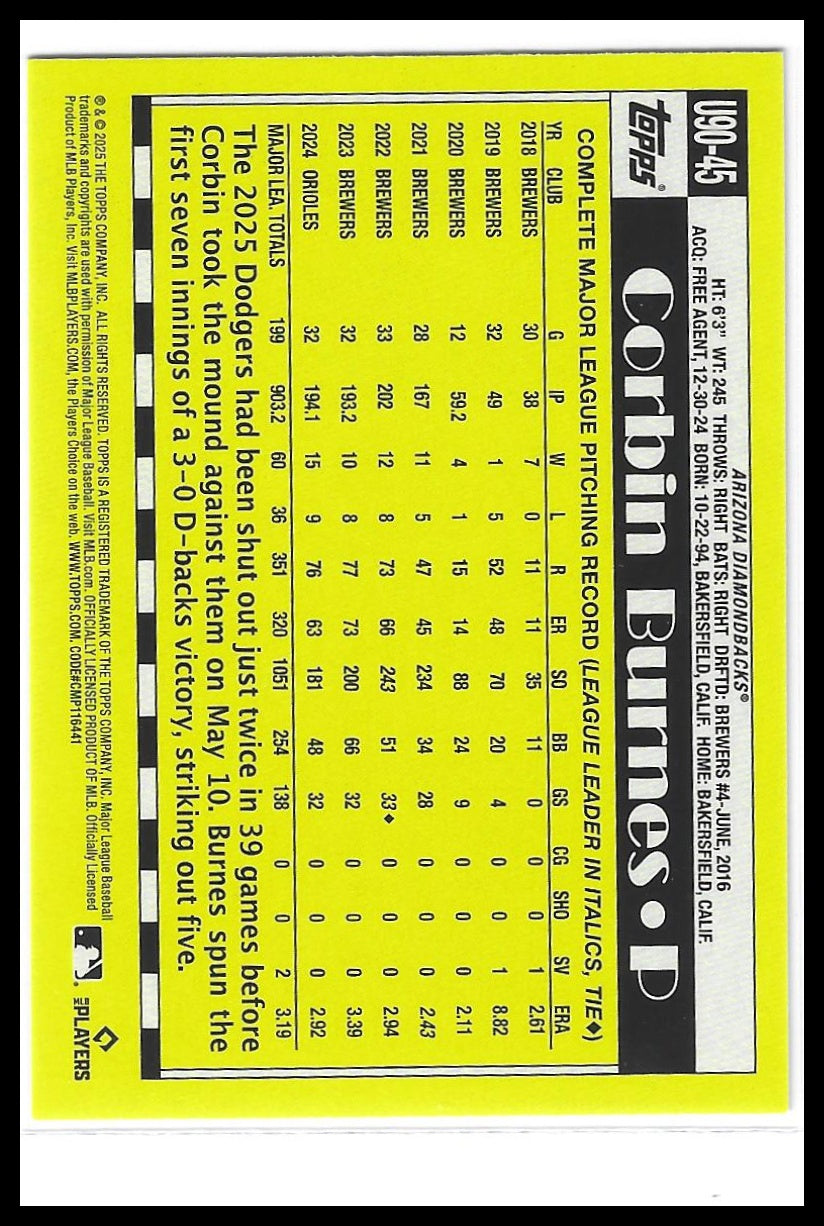 2025 Topps Update #U90-45 Corbin Burnes 1990 Topps Baseball 35th Anniversary