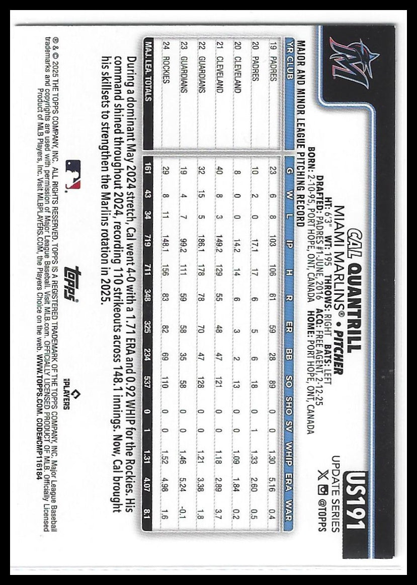 2025 Topps Update #US191 Cal Quantrill Aqua Holo Foil