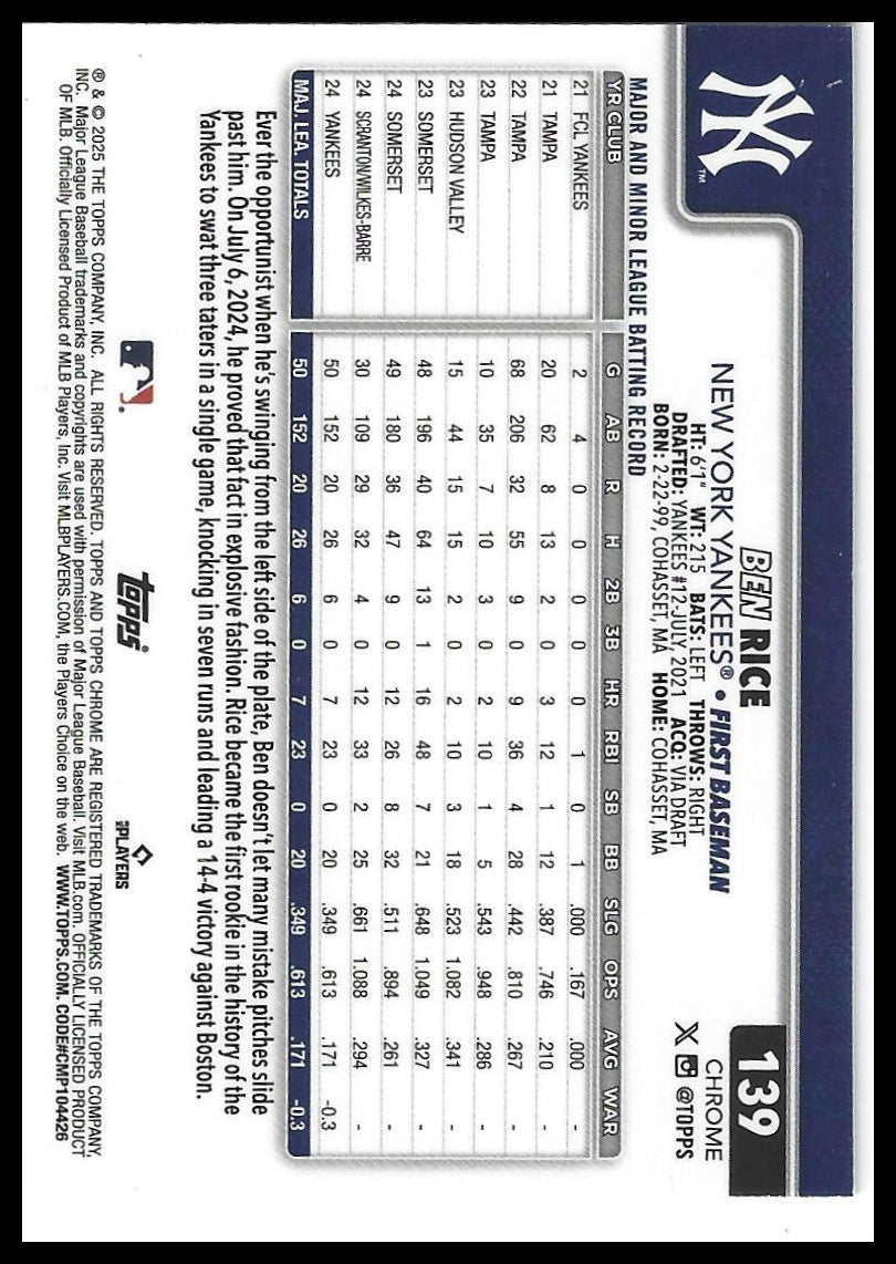 2025 Topps Chrome #139 Ben Rice