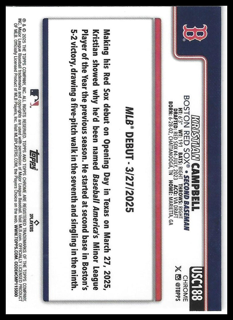 2025 Topps Chrome Update #USC188 Kristian Campbell X-Fractors