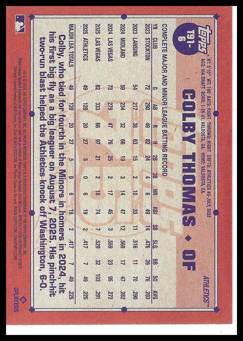 2026 Topps #T91-6 Colby Thomas 1991 Topps Baseball 35th Anniversary (Series One)