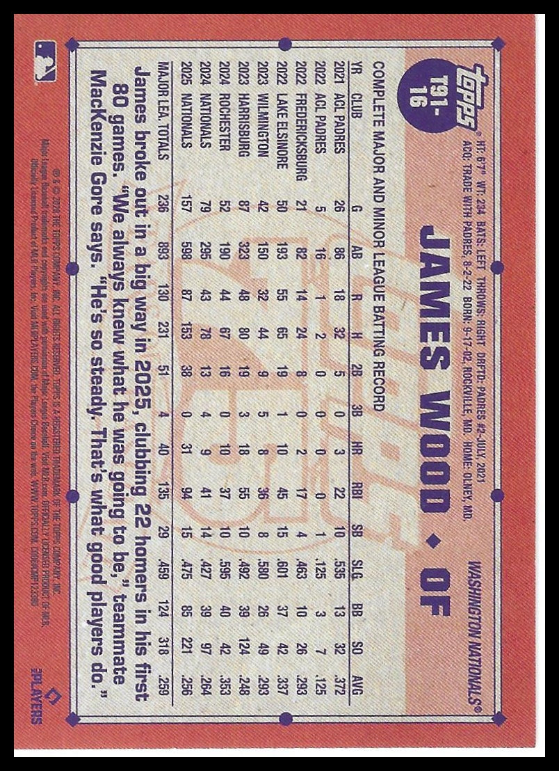 2026 Topps #T91-16 James Wood 1991 Topps Baseball 35th Anniversary (Series One)