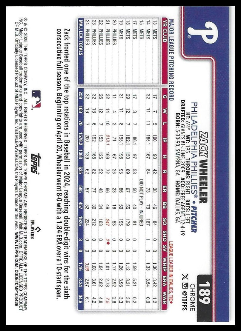 2025 Topps Chrome #189 Zack Wheeler Sepia Refractors
