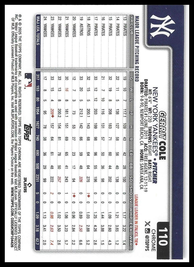 2025 Topps Chrome #110 Gerrit Cole Sepia Refractors
