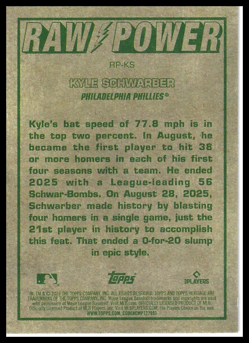 2026 Topps Heritage #RP-KS Kyle Schwarber Raw Power