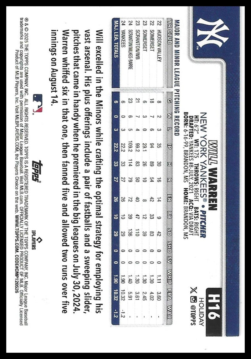2025 Topps Holiday #H16 Will Warren Silver Glitter Holiday