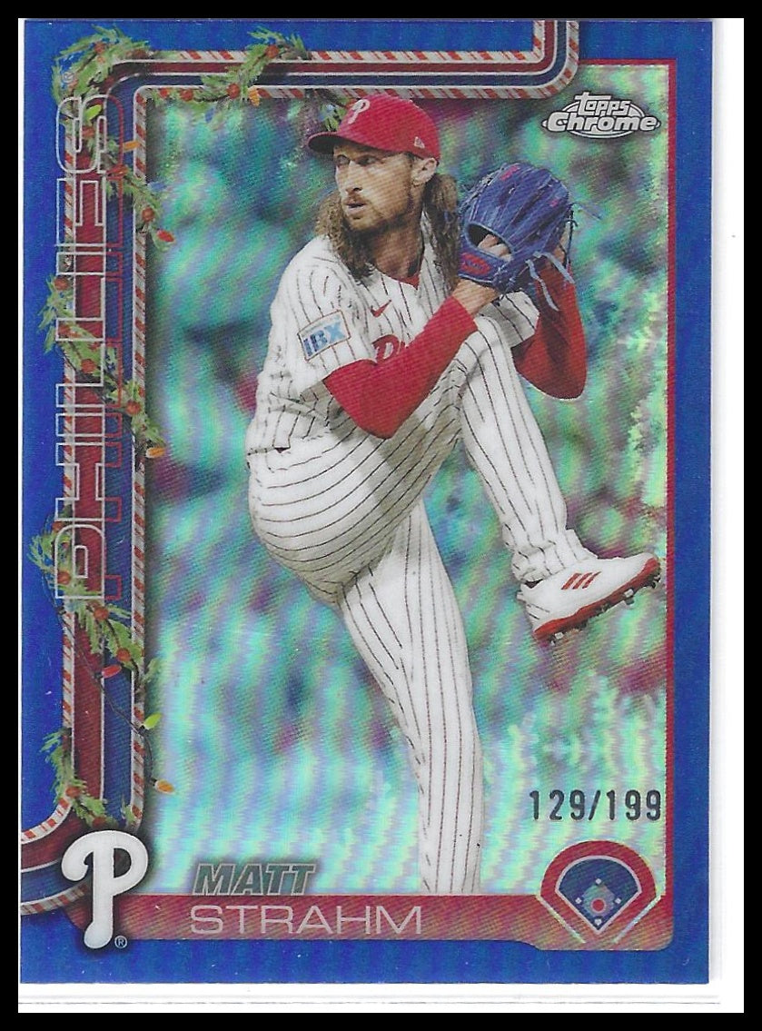 2025 Topps Holiday #HC71 Matt Strahm Chrome Blue Sparkle Refractors #/199