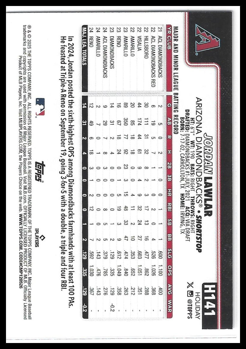 2025 Topps Holiday #H141 Jordan Lawlar Silver Glitter Holiday