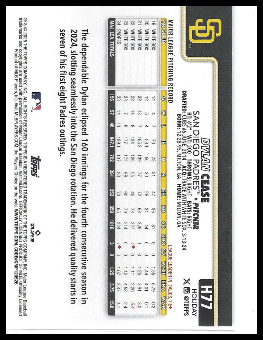 2025 Topps Holiday #H77 Dylan Cease Gold Holiday Lights
