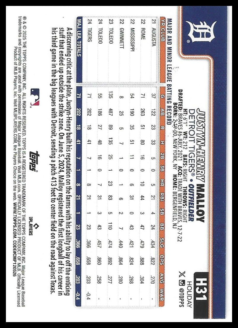 2025 Topps Holiday #H31 Justyn-Henry Malloy Light Blue & White Glitter Holiday