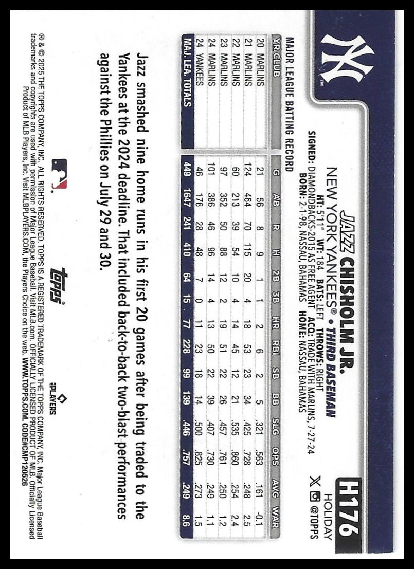 2025 Topps Holiday #H176 Jazz Chisholm Jr. Blue Metallic Glitter Holiday