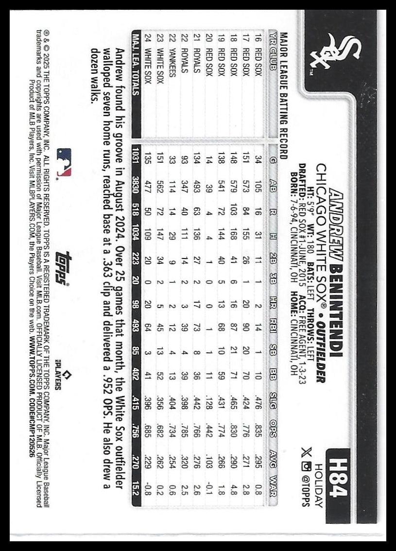 2025 Topps Holiday #H84 Andrew Benintendi Silver Glitter Holiday