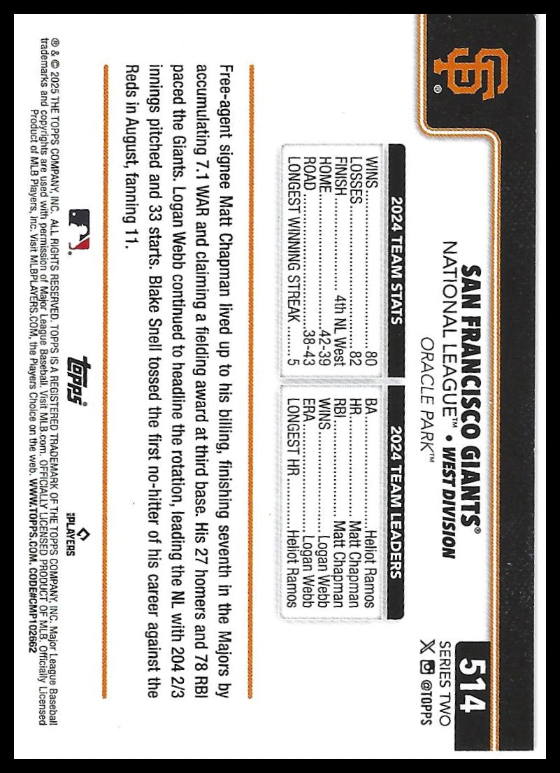 2025 Topps #514 San Francisco Giants Rainbow Foil